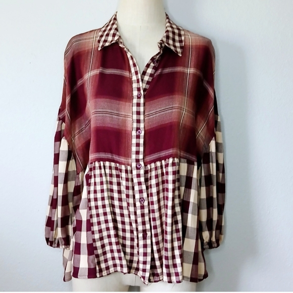 Cato Blouse Top Women's Size XL Burgandy Checkered Long Sleeve Button Up - Picture 10 of 10